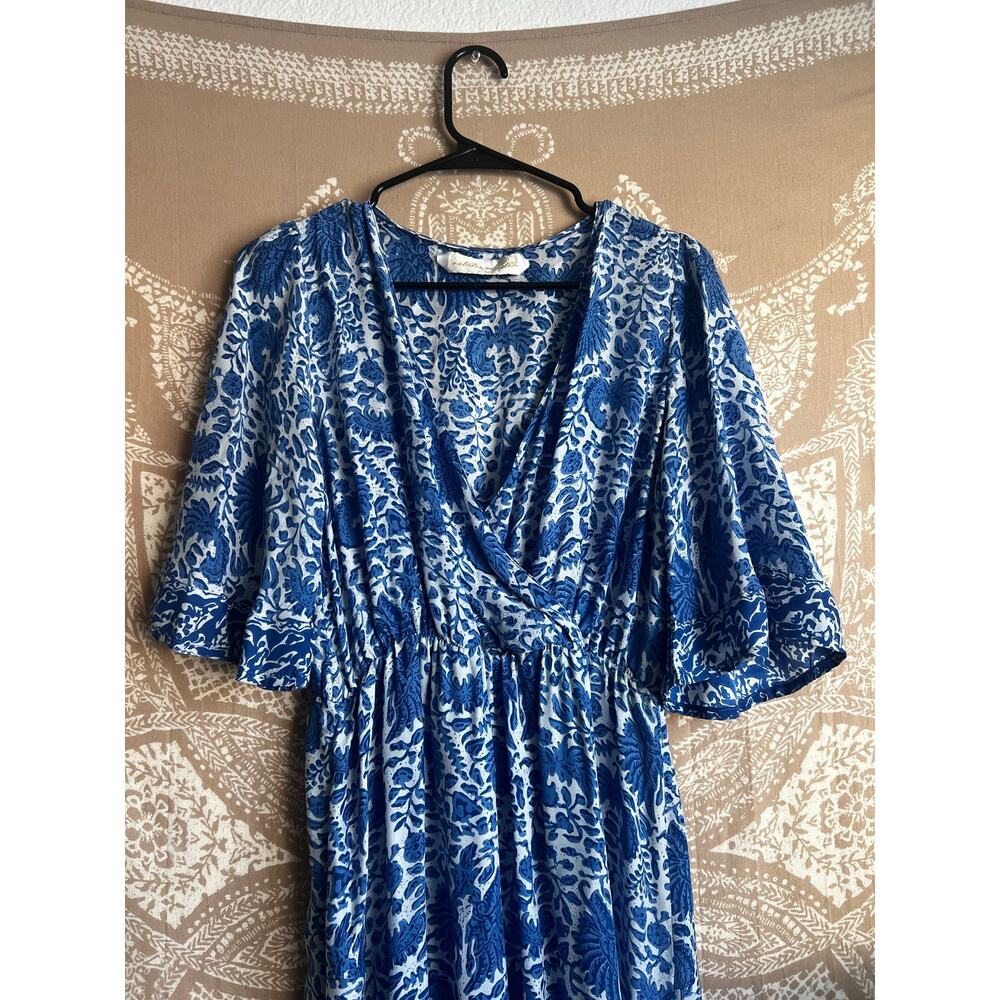 Natalie Martin 100% Silk Blue & White Floral Midi Dress with Slit - Picture 2 of 6
